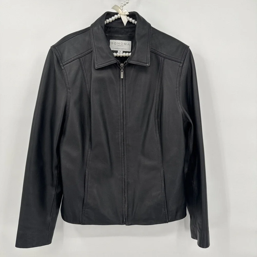 SONOMA Life + Style 100% Lambskin Leather Zip Up Modern Jacket Top Size M VTG